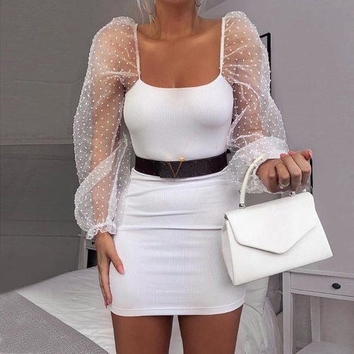 Puff sleeve A-line dot black white dress Women transparent - Amara Luxe Fine Boutique