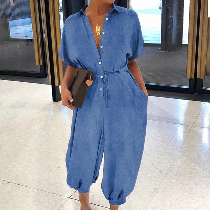 Pure Color Casual Short-sleeved Denim Jumpsuit - Amara Luxe Fine Boutique