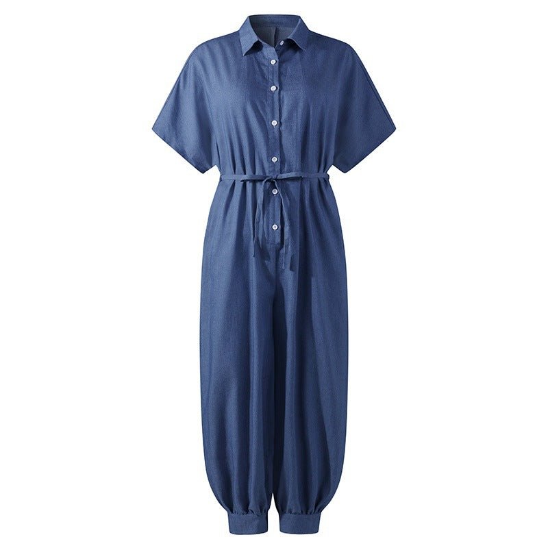 Pure Color Casual Short-sleeved Denim Jumpsuit - Amara Luxe Fine Boutique