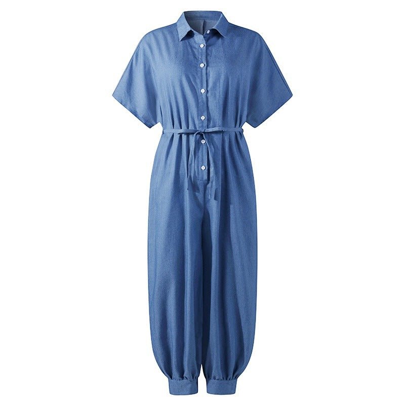 Pure Color Casual Short-sleeved Denim Jumpsuit - Amara Luxe Fine Boutique
