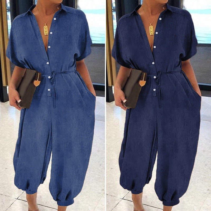 Pure Color Casual Short-sleeved Denim Jumpsuit - Amara Luxe Fine Boutique