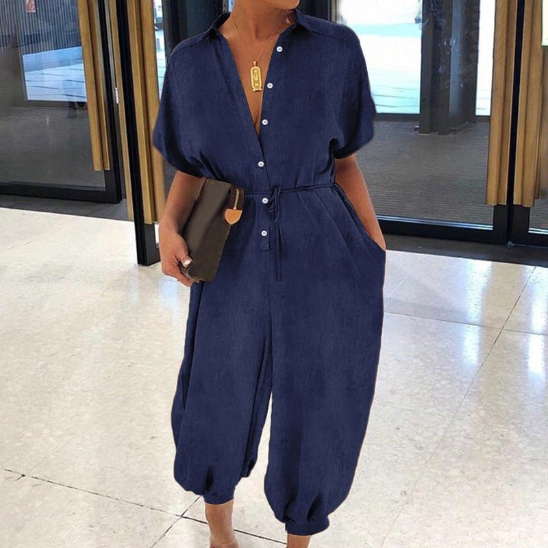 Pure Color Casual Short-sleeved Denim Jumpsuit - Amara Luxe Fine Boutique