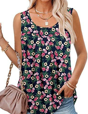 Round Neck Tank Sleeveless Tops Summer Loose Pleated Printed Vest Women - Amara Luxe Fine Boutique