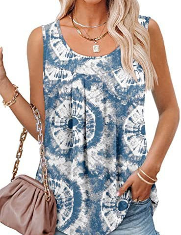 Round Neck Tank Sleeveless Tops Summer Loose Pleated Printed Vest Women - Amara Luxe Fine Boutique