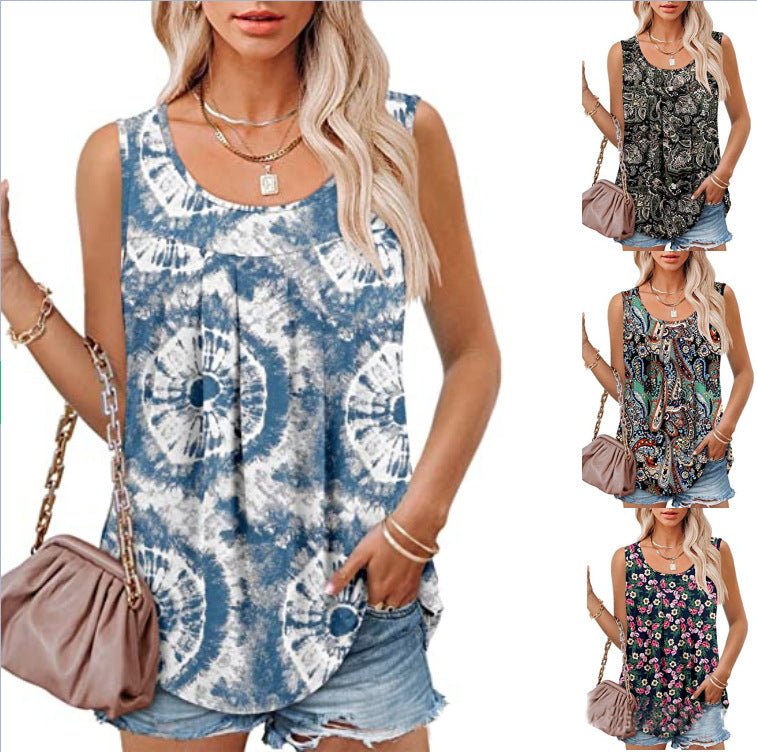 Round Neck Tank Sleeveless Tops Summer Loose Pleated Printed Vest Women - Amara Luxe Fine Boutique