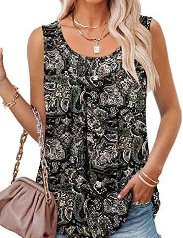 Round Neck Tank Sleeveless Tops Summer Loose Pleated Printed Vest Women - Amara Luxe Fine Boutique