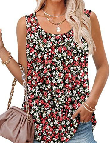 Round Neck Tank Sleeveless Tops Summer Loose Pleated Printed Vest Women - Amara Luxe Fine Boutique
