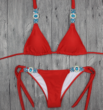 Sexy Solid Color Diamond Bikini Bandage Split Swimsuit - Amara Luxe Fine Boutique
