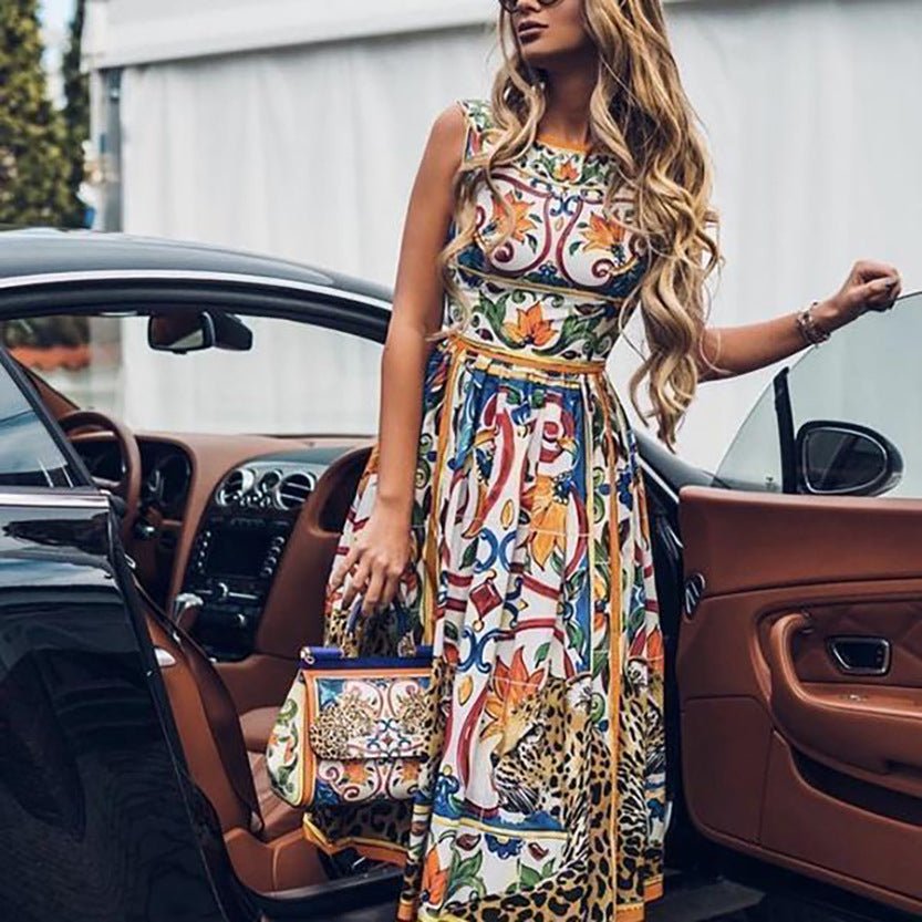 Sleeveless midi retro print dress - Amara Luxe Fine Boutique