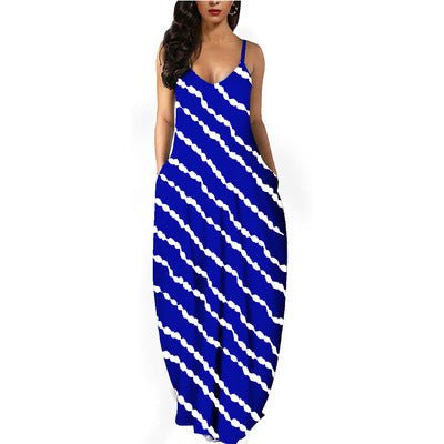 Summer New Style Plus Size Women'S Striped Print Sexy Deep V Suspender Long Dress - Amara Luxe Fine Boutique