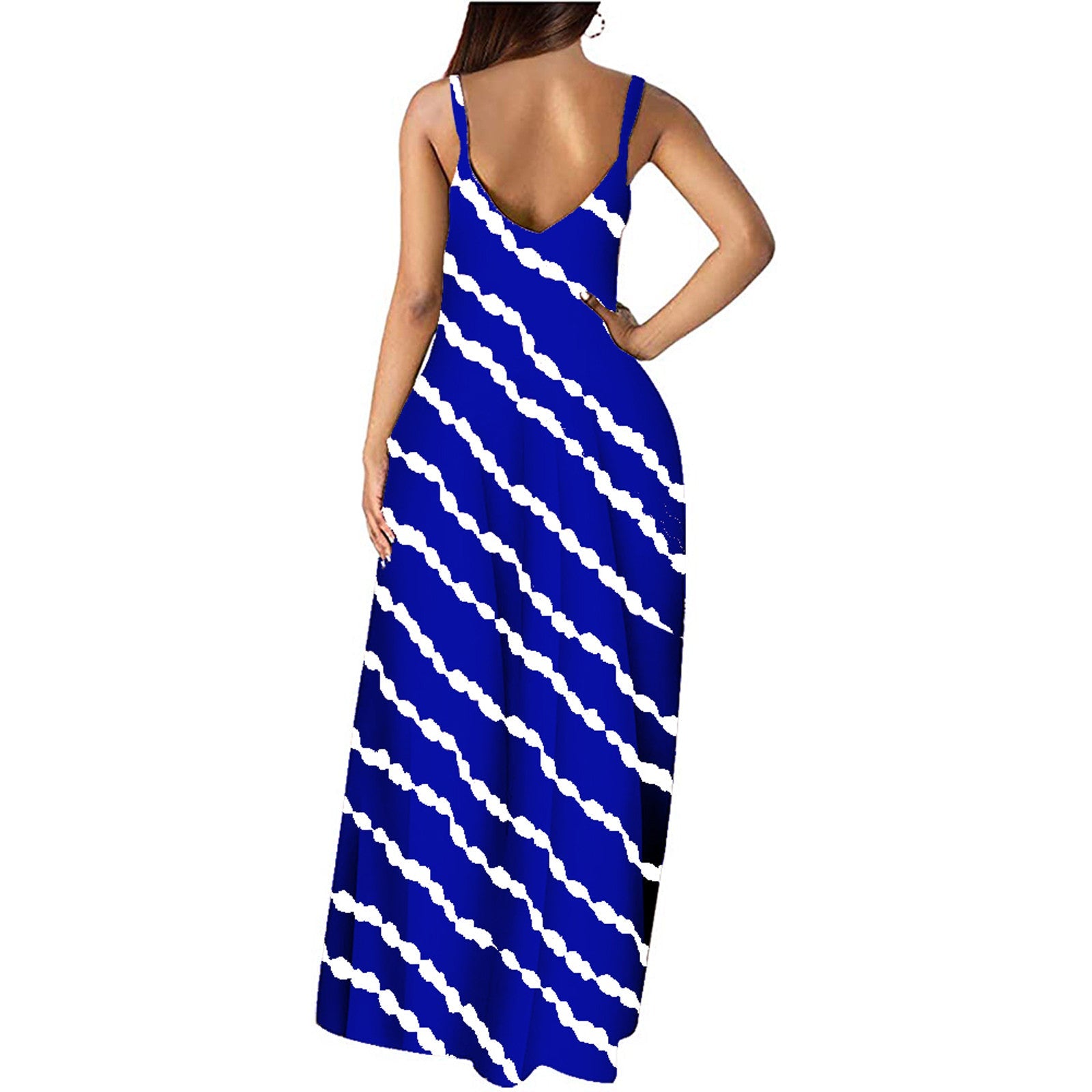 Summer New Style Plus Size Women'S Striped Print Sexy Deep V Suspender Long Dress - Amara Luxe Fine Boutique