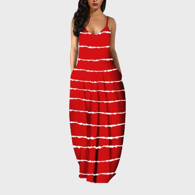 Summer New Style Plus Size Women'S Striped Print Sexy Deep V Suspender Long Dress - Amara Luxe Fine Boutique