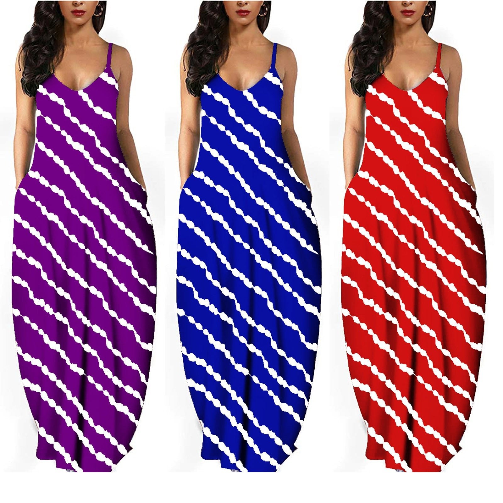 Summer New Style Plus Size Women'S Striped Print Sexy Deep V Suspender Long Dress - Amara Luxe Fine Boutique