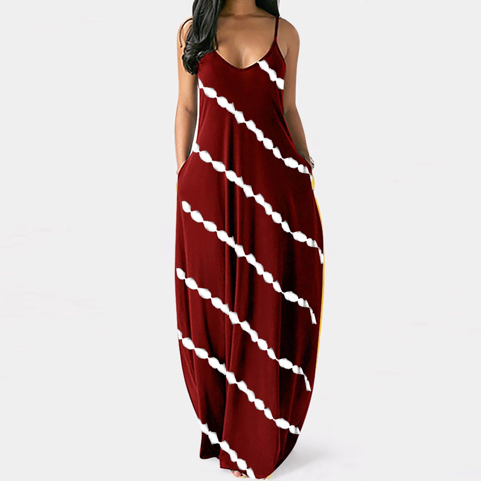 Summer New Style Plus Size Women'S Striped Print Sexy Deep V Suspender Long Dress - Amara Luxe Fine Boutique