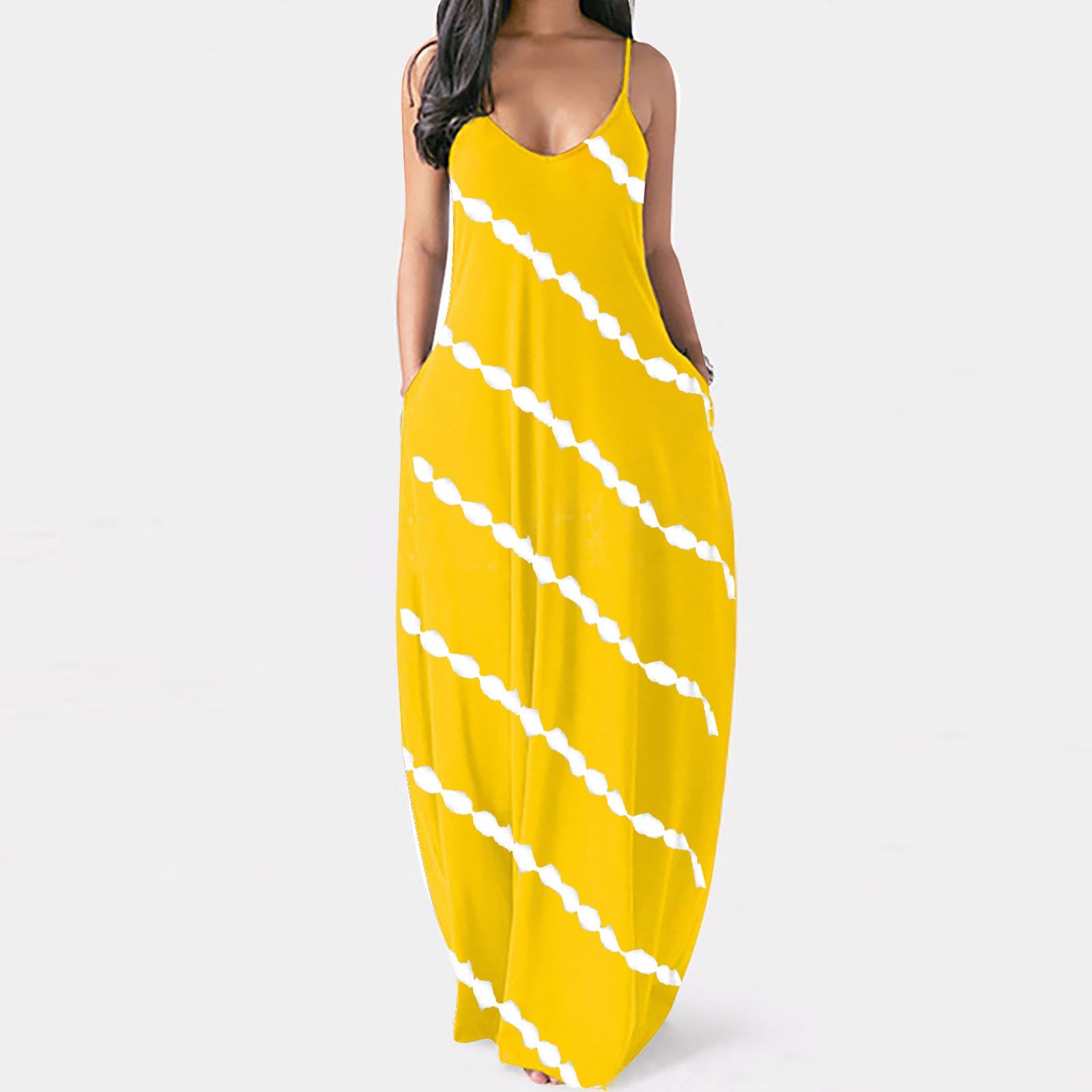 Summer New Style Plus Size Women'S Striped Print Sexy Deep V Suspender Long Dress - Amara Luxe Fine Boutique