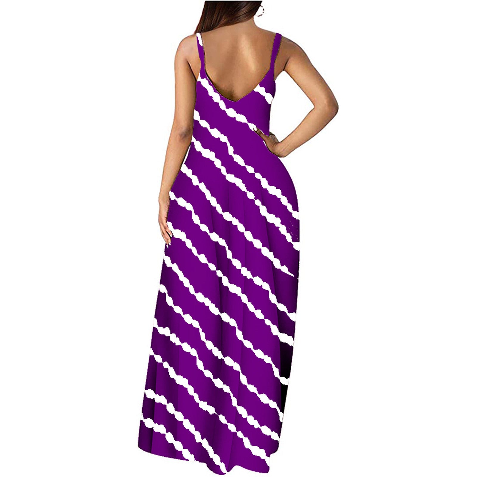 Summer New Style Plus Size Women'S Striped Print Sexy Deep V Suspender Long Dress - Amara Luxe Fine Boutique