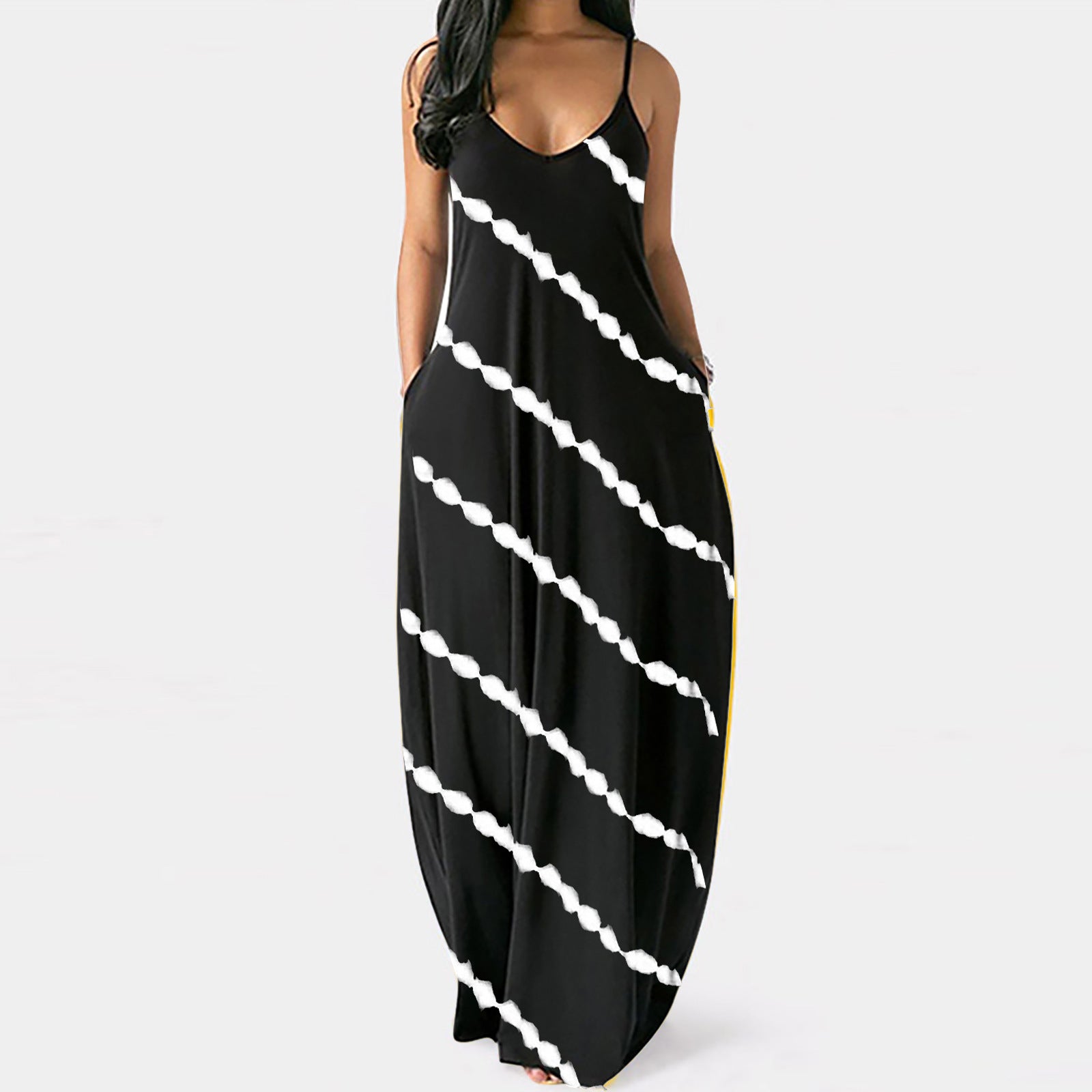 Summer New Style Plus Size Women'S Striped Print Sexy Deep V Suspender Long Dress - Amara Luxe Fine Boutique