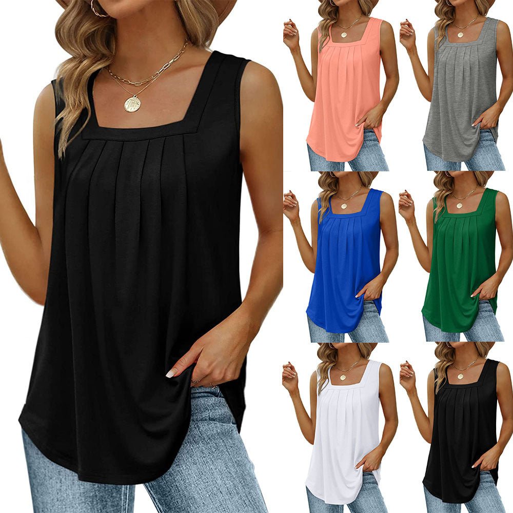 Summer Tank Tops For Women Loose Fit Pleated Square Neck Sleeveless Tops Vest T-shirt - Amara Luxe Fine Boutique