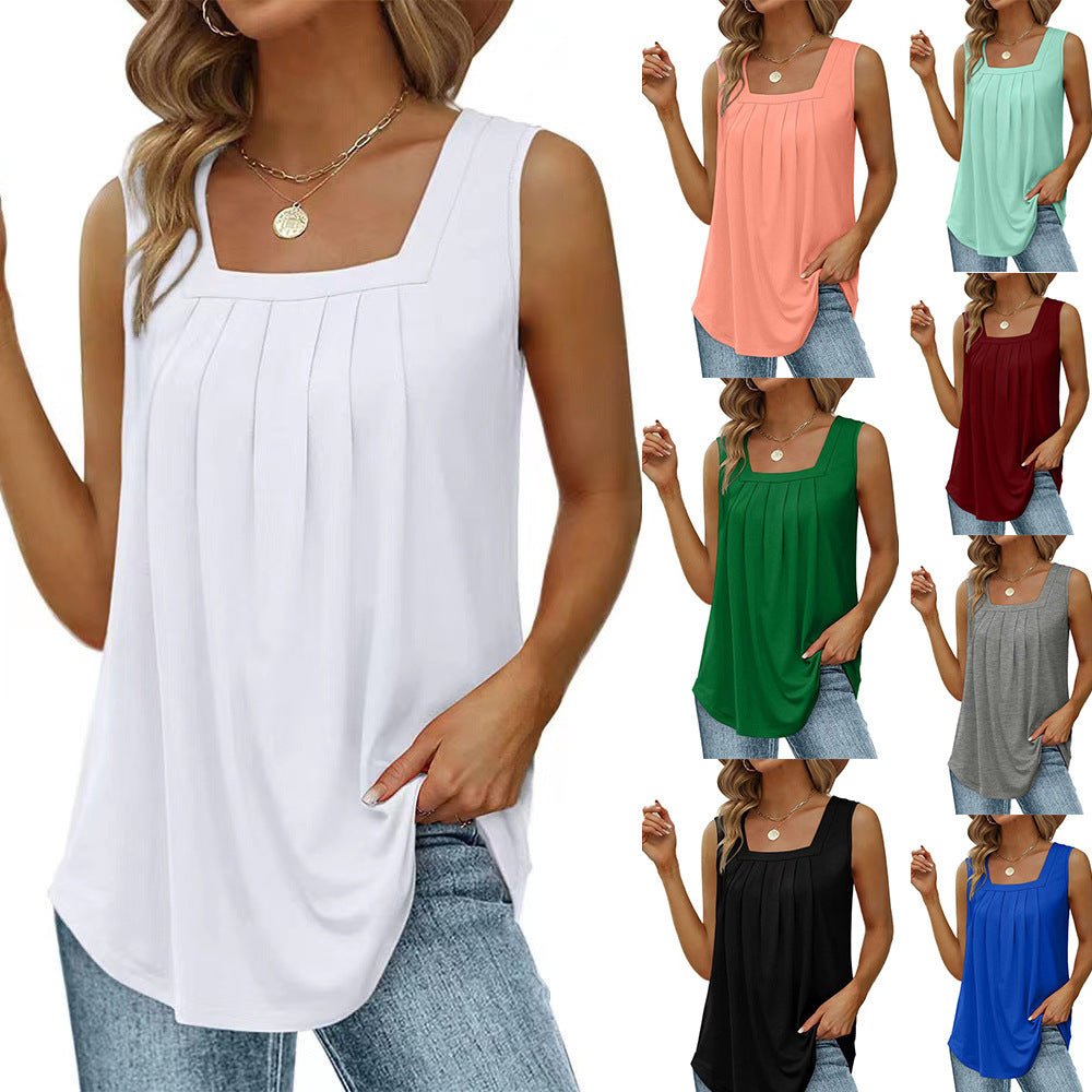 Summer Tank Tops For Women Loose Fit Pleated Square Neck Sleeveless Tops Vest T-shirt - Amara Luxe Fine Boutique