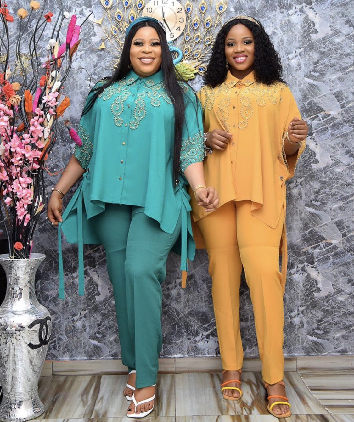 The New Suit African Plus Size Women's Hot Drilling Lapel Stitching Two-piece Suit - Amara Luxe Fine Boutique
