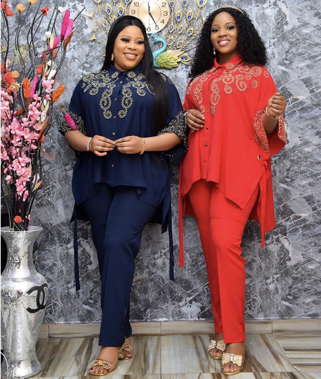 The New Suit African Plus Size Women's Hot Drilling Lapel Stitching Two-piece Suit - Amara Luxe Fine Boutique