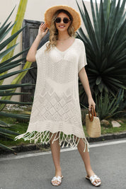 V-Neck Short Sleeve Fringe Hem Knit Dress - Amara Luxe Fine Boutique