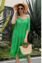 V-Neck Short Sleeve Fringe Hem Knit Dress - Amara Luxe Fine Boutique