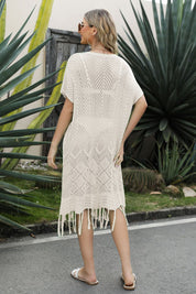 V-Neck Short Sleeve Fringe Hem Knit Dress - Amara Luxe Fine Boutique