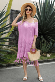 V-Neck Short Sleeve Fringe Hem Knit Dress - Amara Luxe Fine Boutique