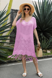 V-Neck Short Sleeve Fringe Hem Knit Dress - Amara Luxe Fine Boutique
