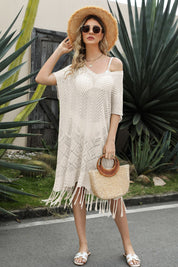 V-Neck Short Sleeve Fringe Hem Knit Dress - Amara Luxe Fine Boutique