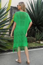 V-Neck Short Sleeve Fringe Hem Knit Dress - Amara Luxe Fine Boutique