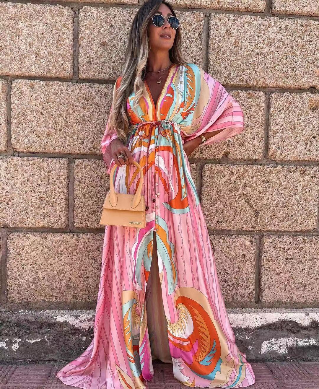 V-neck short sleeve printed long dress - Amara Luxe Fine Boutique