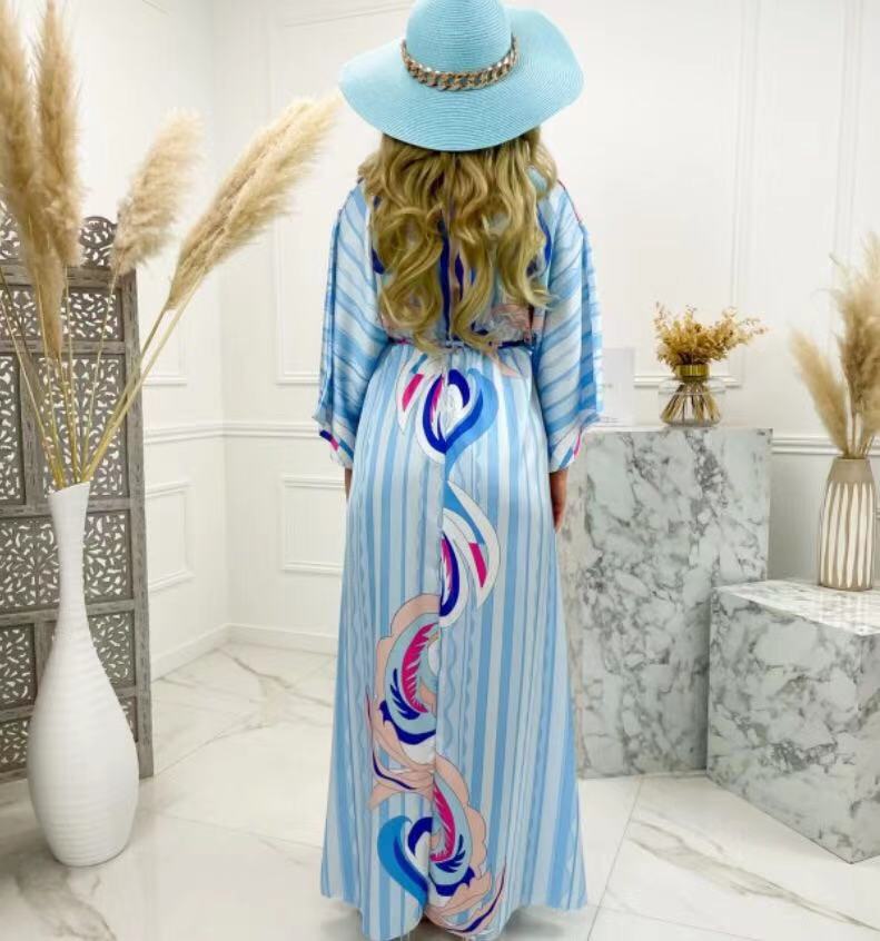 V-neck short sleeve printed long dress - Amara Luxe Fine Boutique
