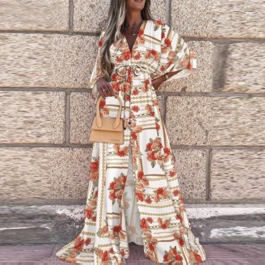 V-neck short sleeve printed long dress - Amara Luxe Fine Boutique