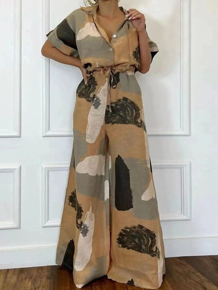 Women's Casual Loose Short Sleeves Lapel Print Lace-up Jumpsuit - Amara Luxe Fine Boutique