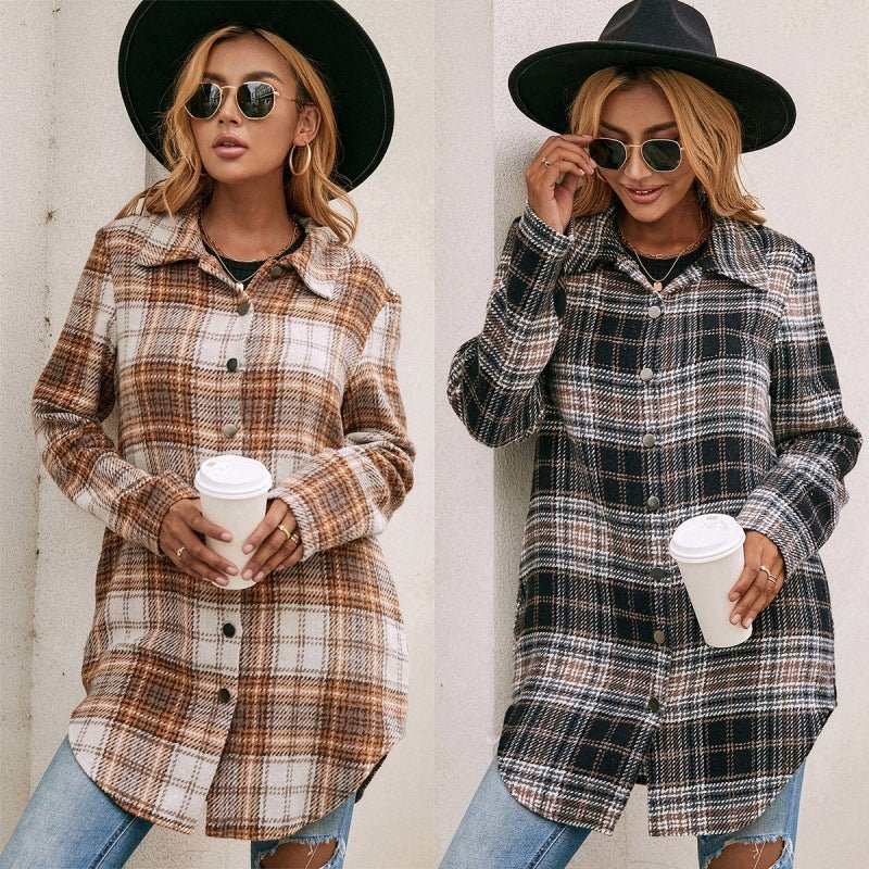 Women's Loose Casual Plush Plaid Shirt Jacket - Amara Luxe Fine Boutique