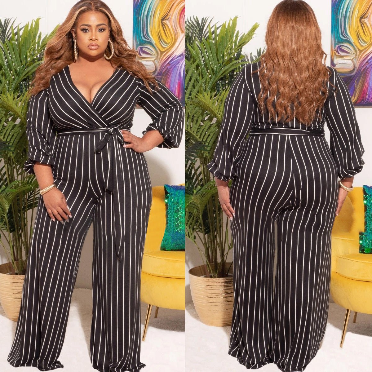 Women's Placement Print Striped V-Neck Jumpsuit - Amara Luxe Fine Boutique