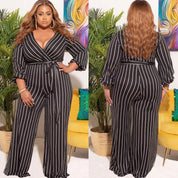 Women's Placement Print Striped V-Neck Jumpsuit - Amara Luxe Fine Boutique