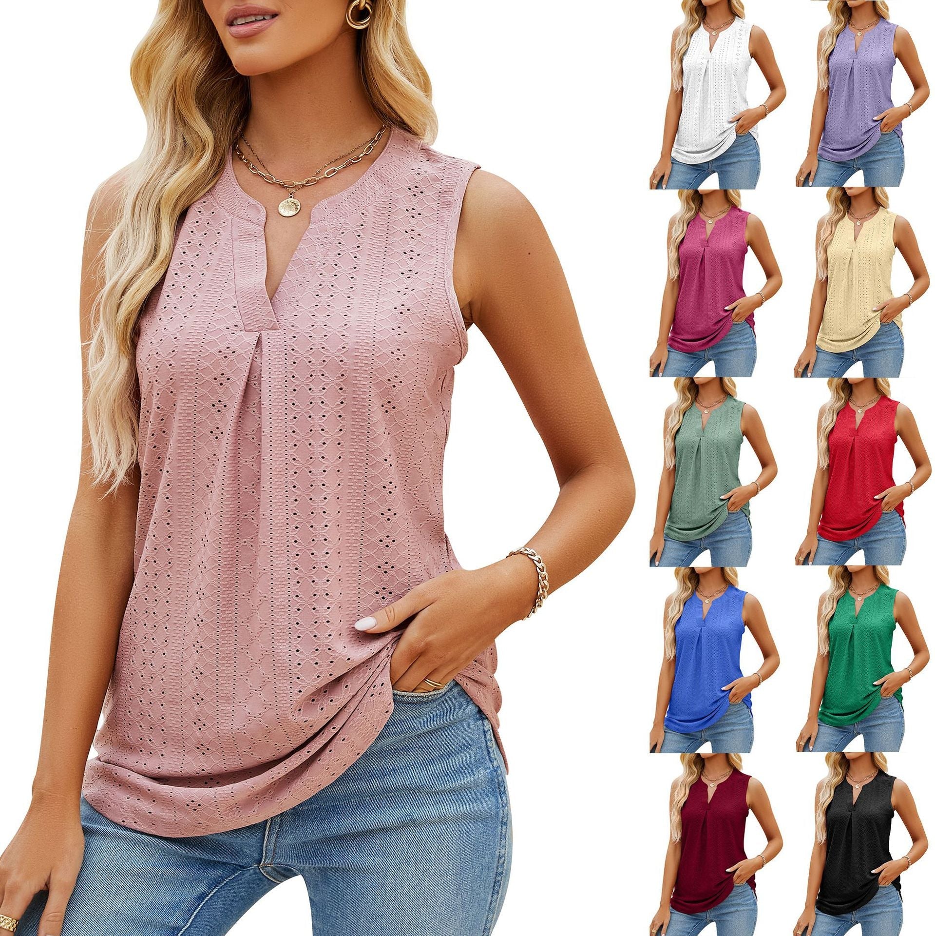 Women's Sleeveless T-shirt Summer Hole V-Neck Slim Fit Tank Tops - Amara Luxe Fine Boutique
