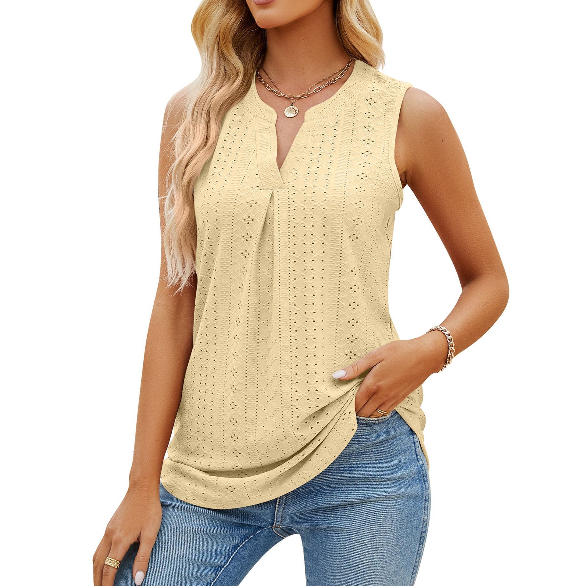 Women's Sleeveless T-shirt Summer Hole V-Neck Slim Fit Tank Tops - Amara Luxe Fine Boutique