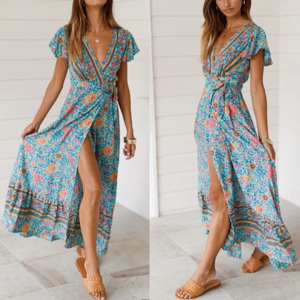 Womens Wrap Style V Neck Floral Maxi Dress - Amara Luxe Fine Boutique