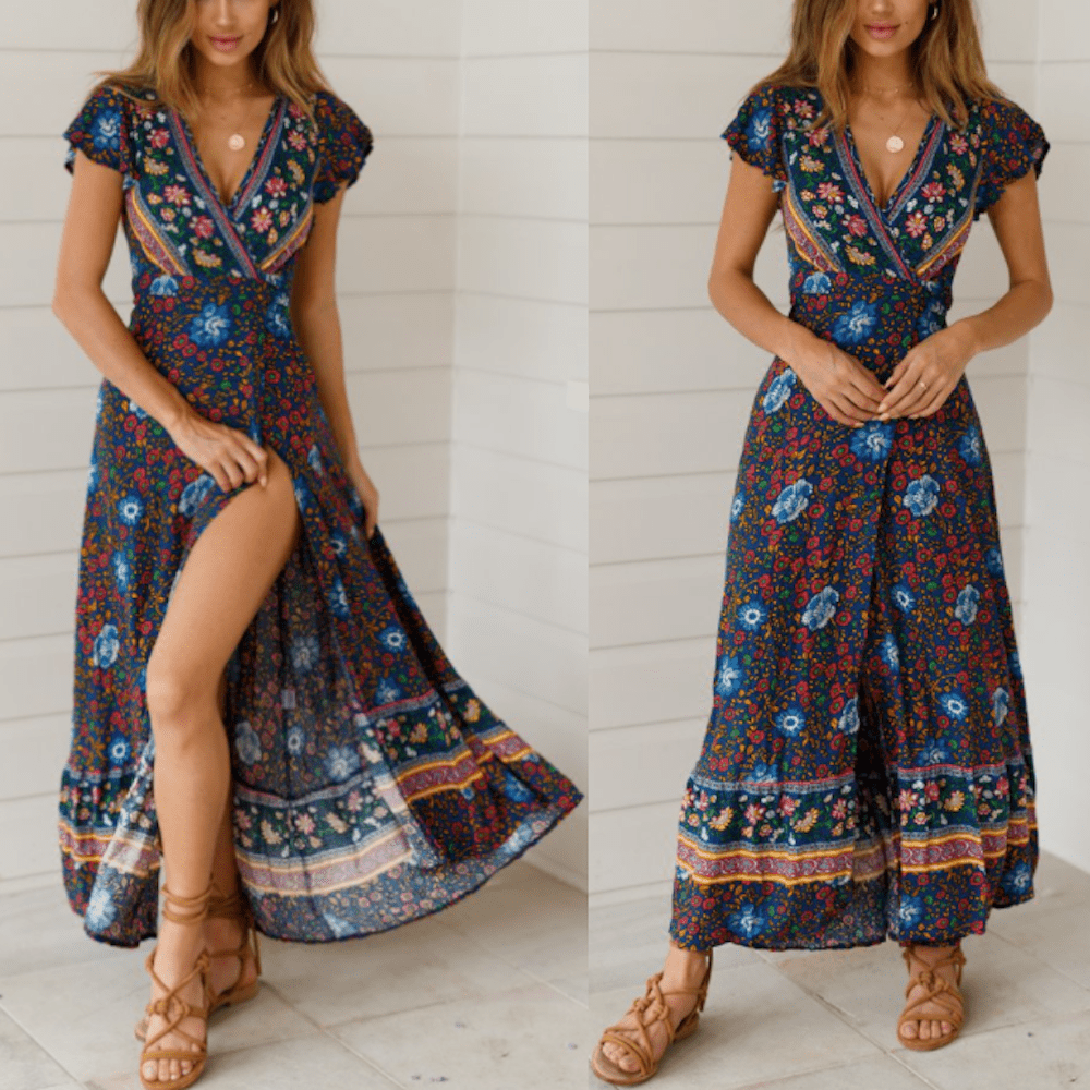 Womens Wrap Style V Neck Floral Maxi Dress - Amara Luxe Fine Boutique