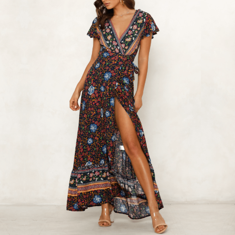 Womens Wrap Style V Neck Floral Maxi Dress - Amara Luxe Fine Boutique